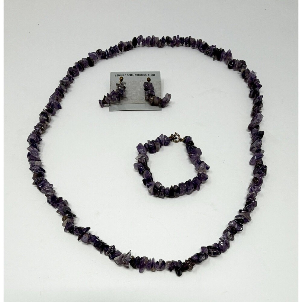 Chunky Amethyst Gemstone 3-Pc Set: 31” Necklace, Earrings (New), 7” Bracelet
